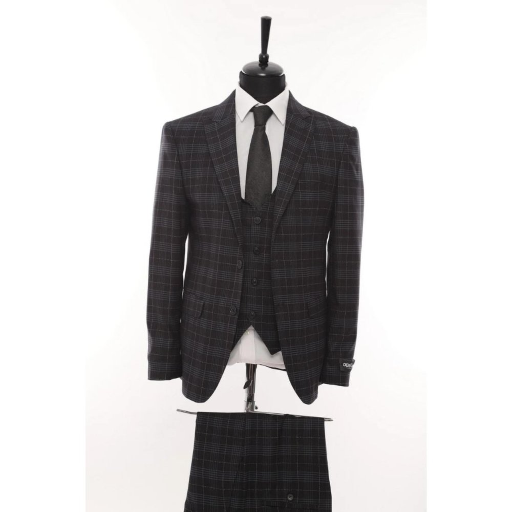 Derman Double Breasted Black Square Patterned Fabric 3 Piece Suit